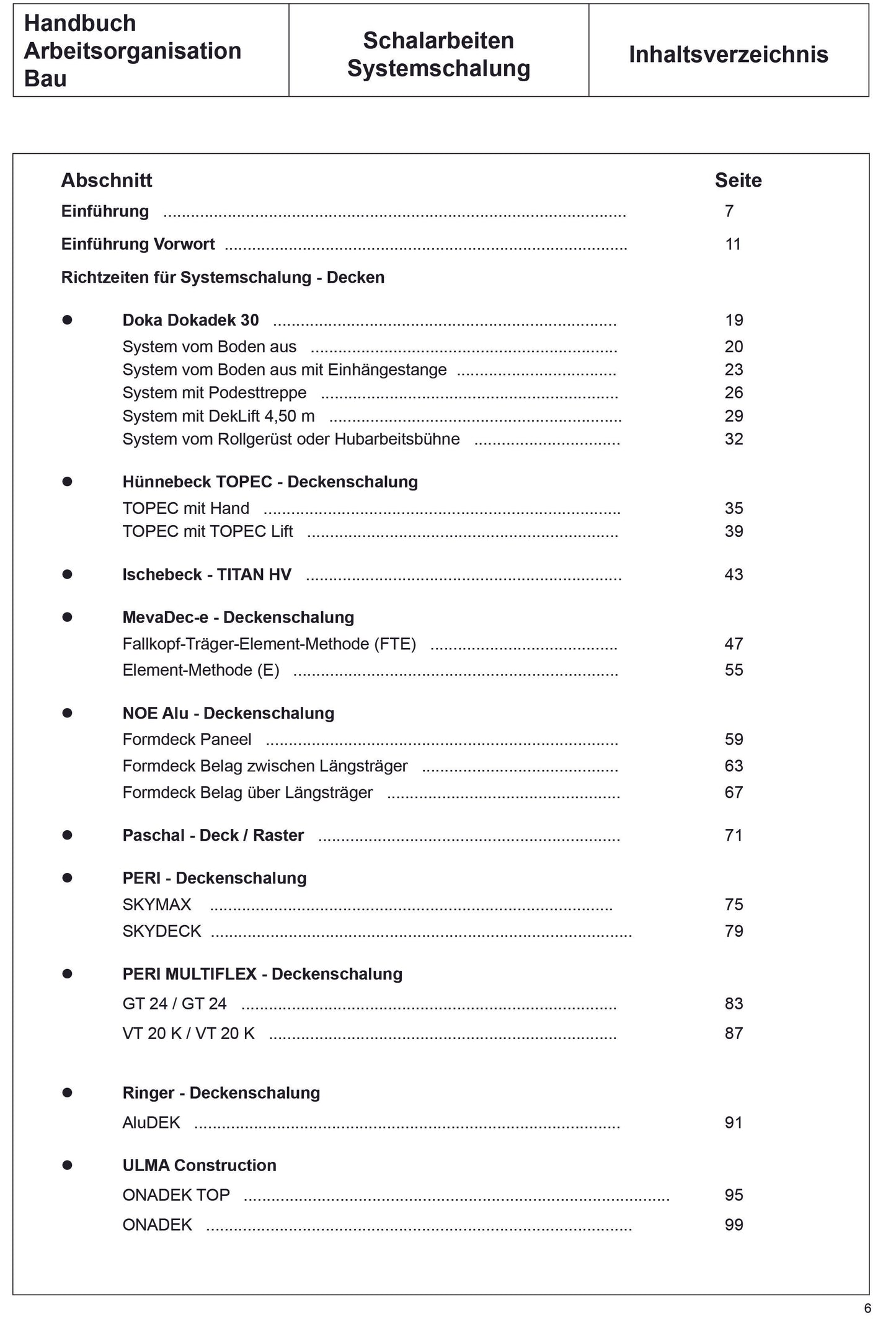 ARH-Tabelle Systemschalung Decken und Handbuch Arbeitsorganisation Bau Richtzeiten Deckenschalung
