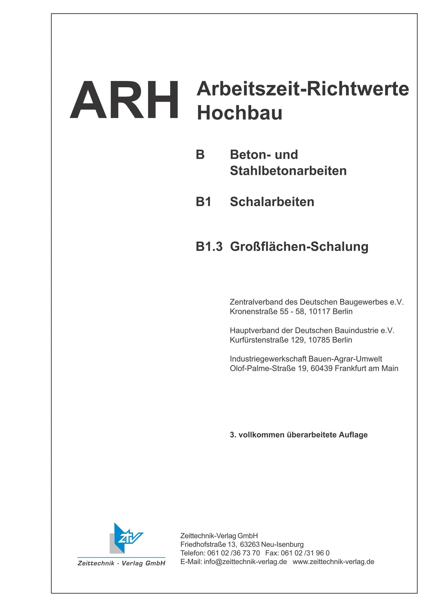 ARH-Tabelle Schalarbeiten, Großflächen Schalung (Download)