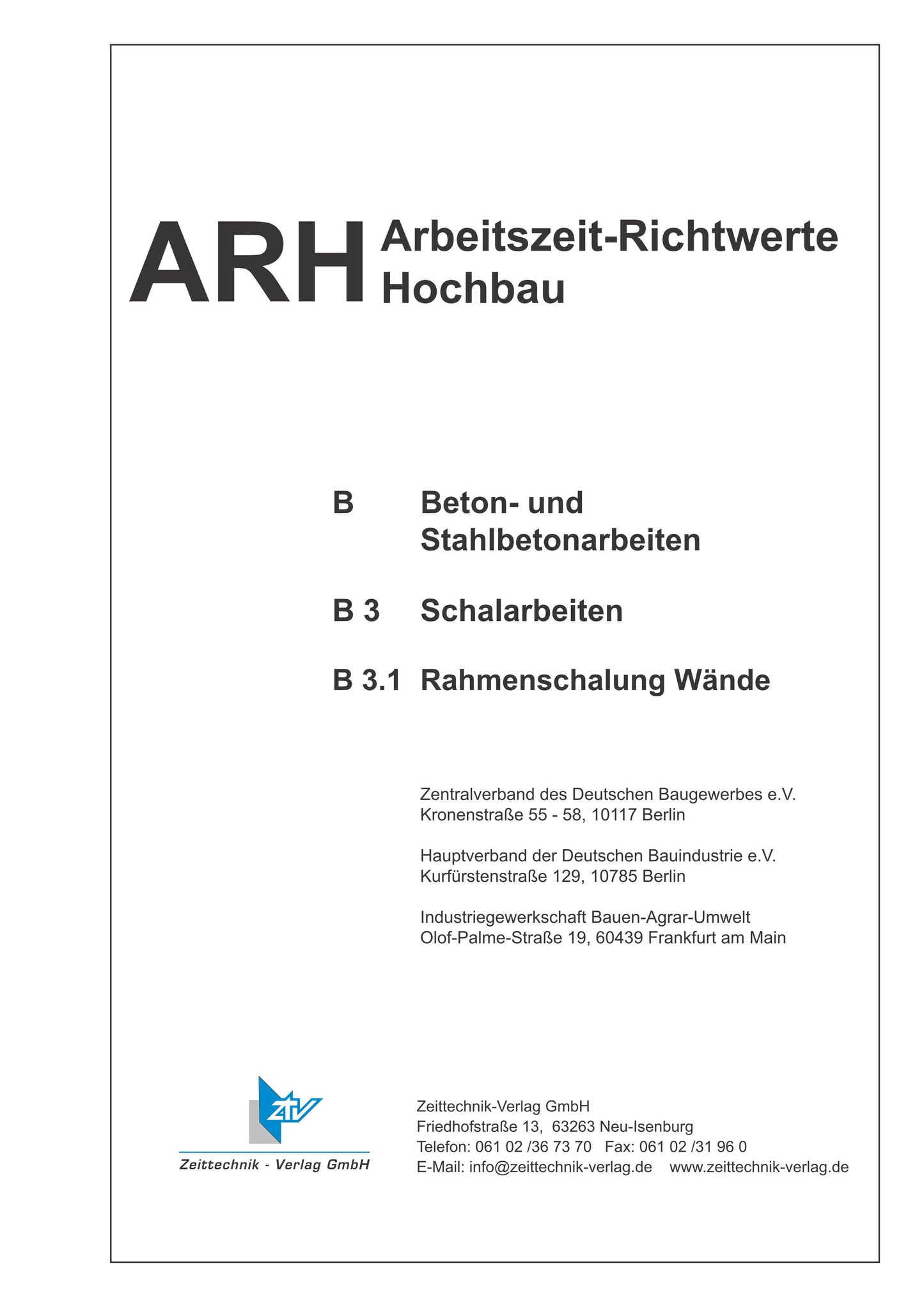 ARH-Tabelle Rahmenschalung, Teilausgabe Wandschalung (Download)