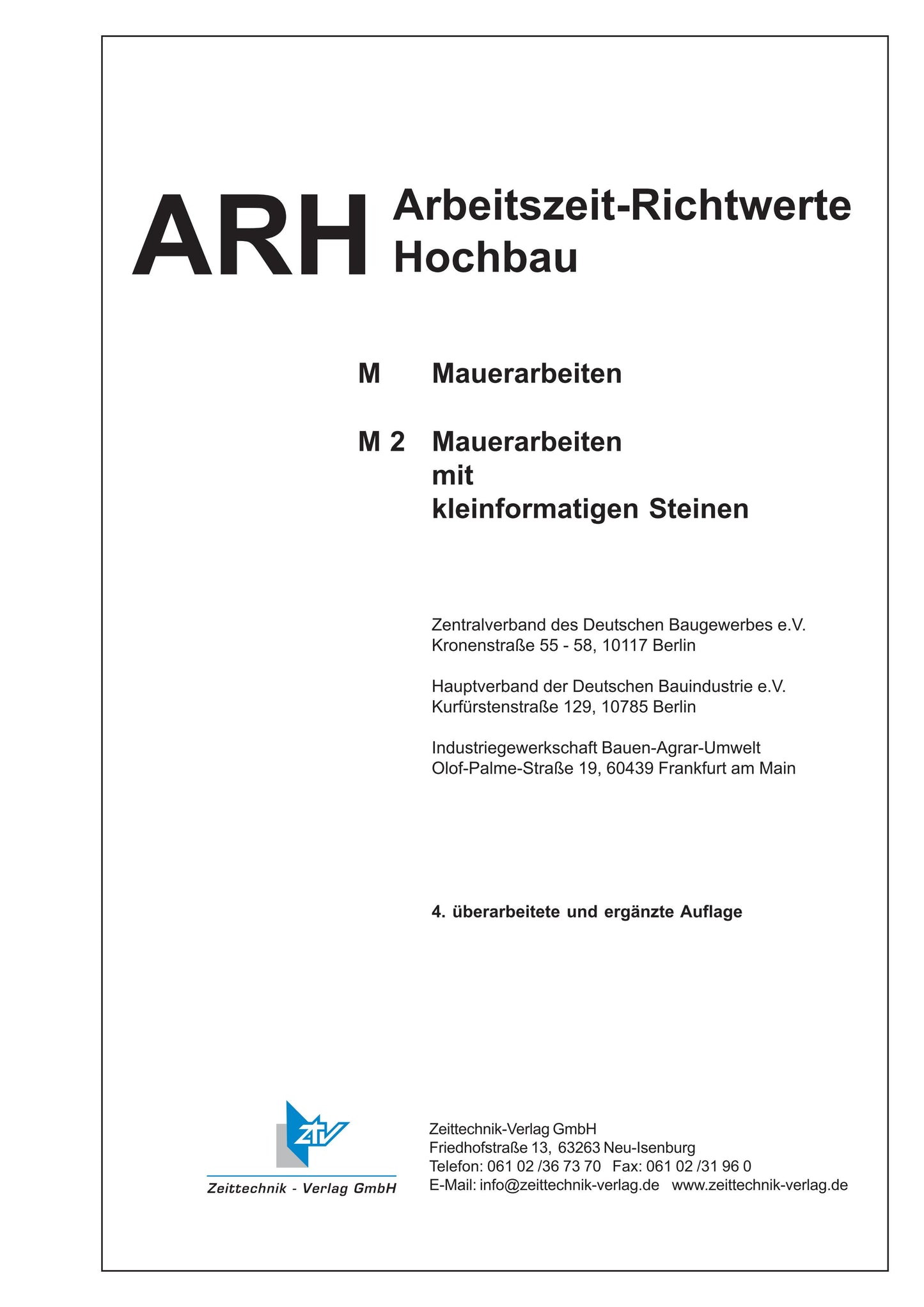 ARH-Tabelle Mauerarbeiten kleinformatige Steine - Teilausgabe Mauerziegel (Download)