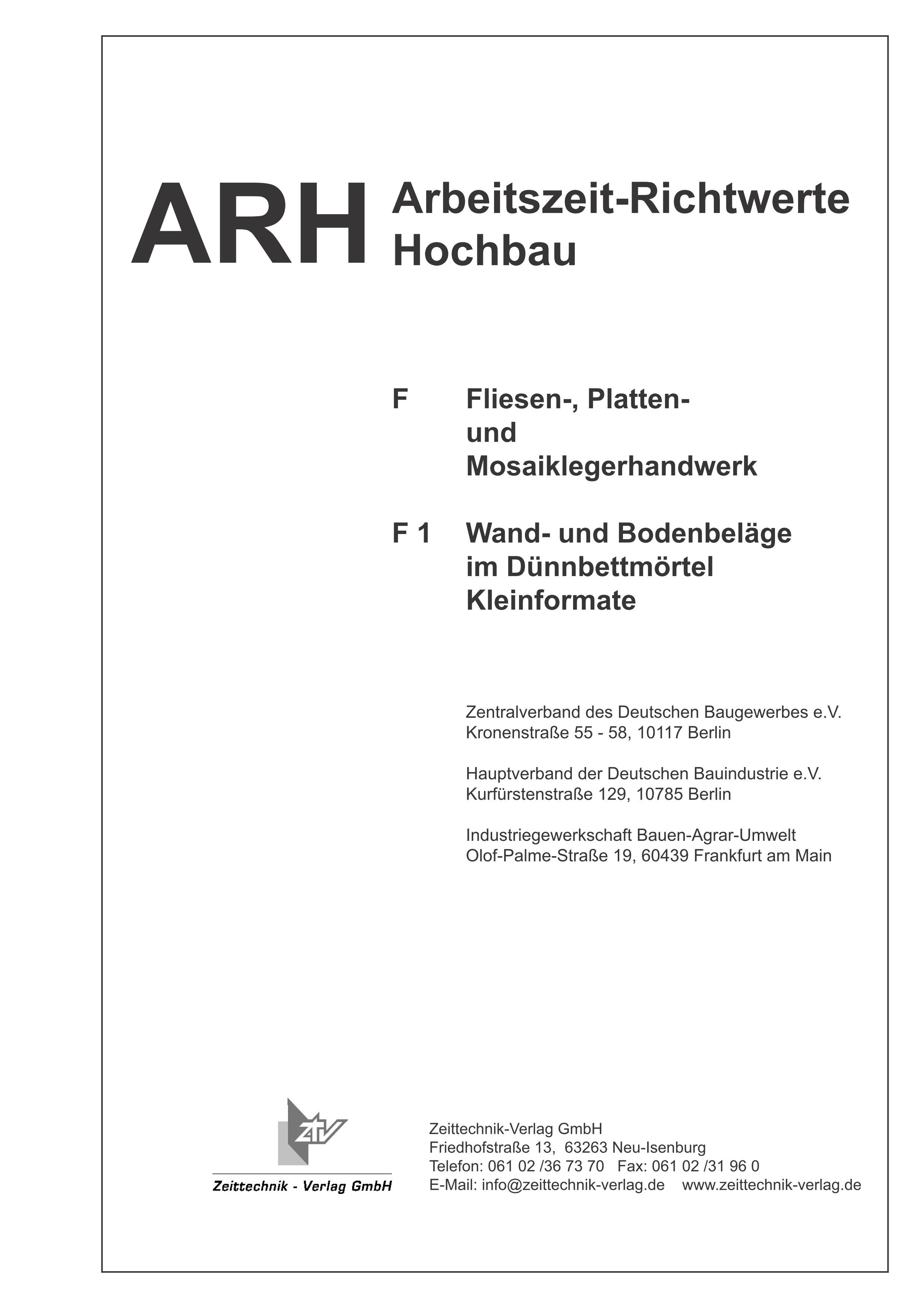ARH-Tabelle Fliesen- Platten- und Mosaiklegerhandwerk, Teil 1 Kleinformatige Fliesen (Download)